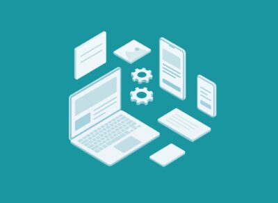 Minimalist isometric 3D graphic showing plumbing website interface elements, including laptop and smartphone mockups, against a teal background.